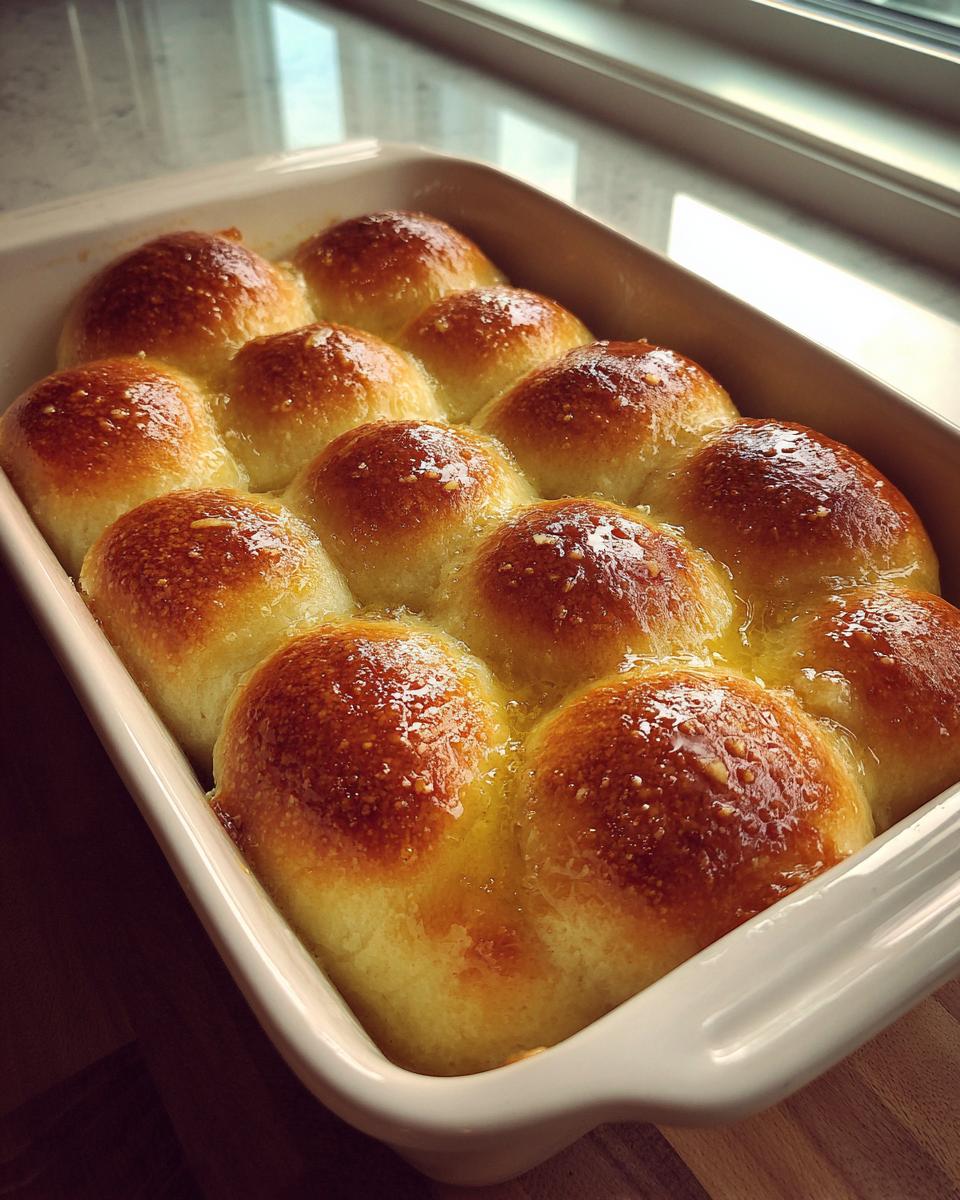 A close-up of golden brown sourdough discard rolls soaking in melted butter in a white baking dish.