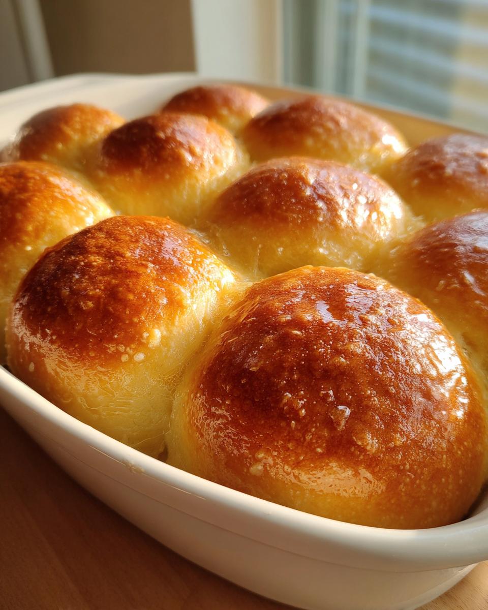 Close-up of shiny, golden brown sourdough discard rolls baked together in a white dish.