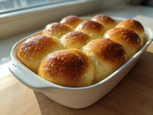 A batch of golden brown, soft sourdough discard rolls baked together in a white rectangular dish.