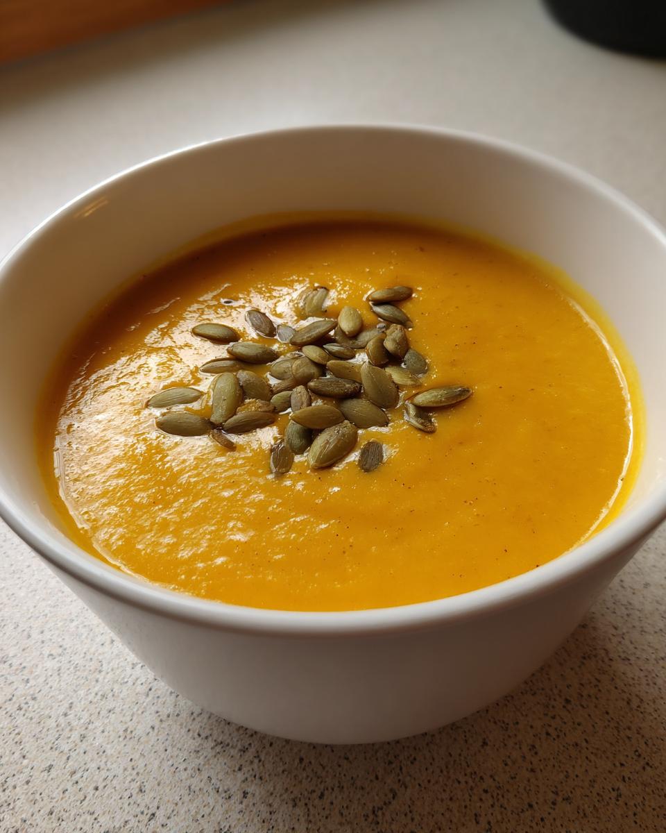 A close-up of a creamy, bright orange bowl of spicy pumpkin soup garnished with toasted pumpkin seeds.