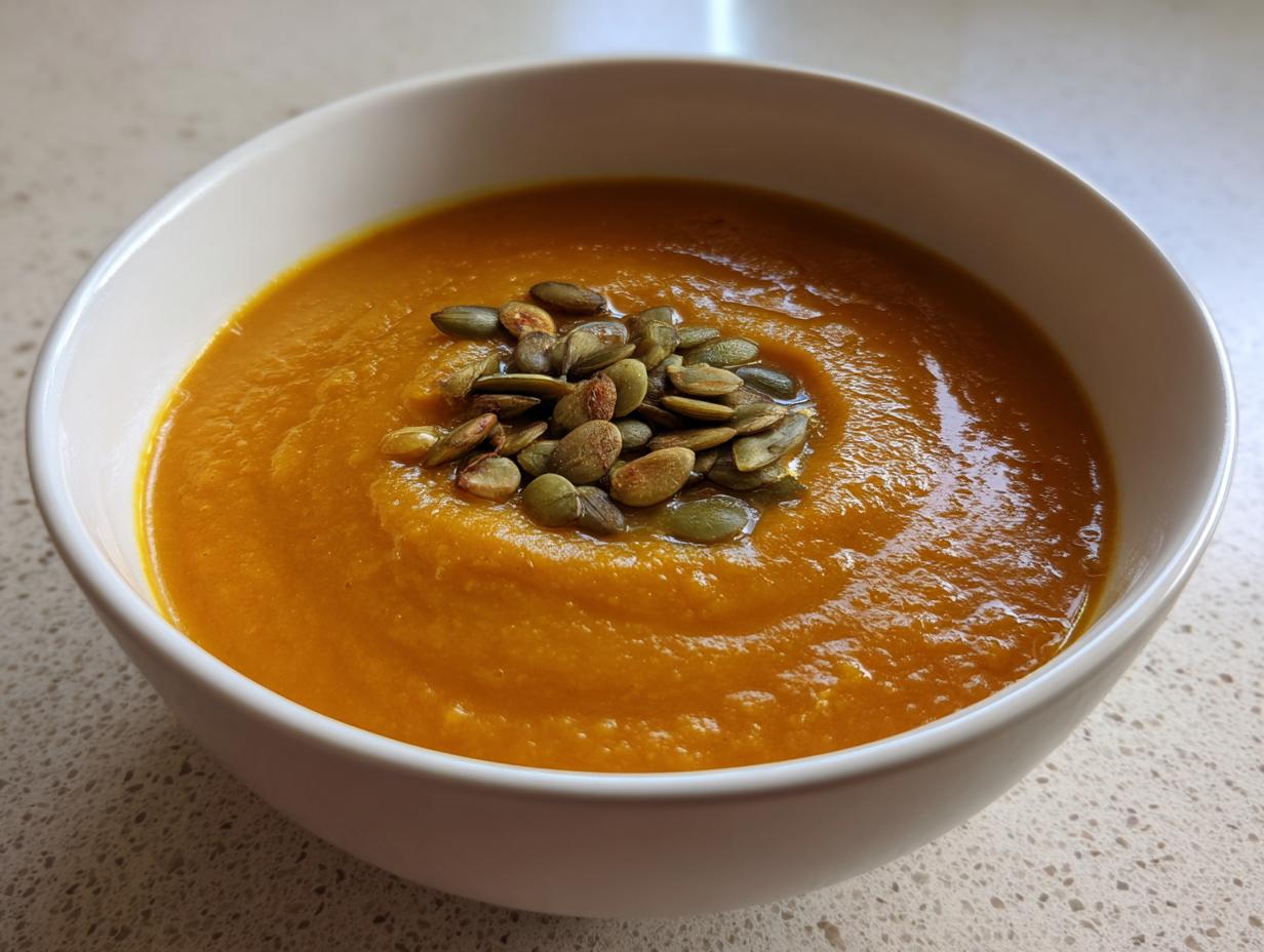 Close-up of a vibrant orange bowl of spicy pumpkin soup garnished with toasted pumpkin seeds (pepitas).