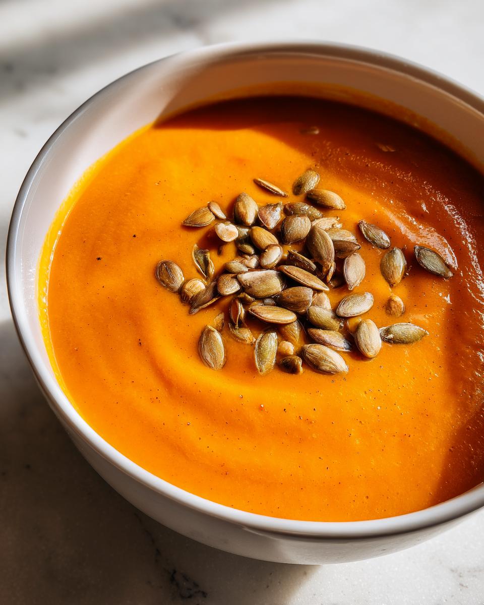 Close-up of a vibrant orange bowl of spicy pumpkin soup garnished generously with toasted pumpkin seeds.