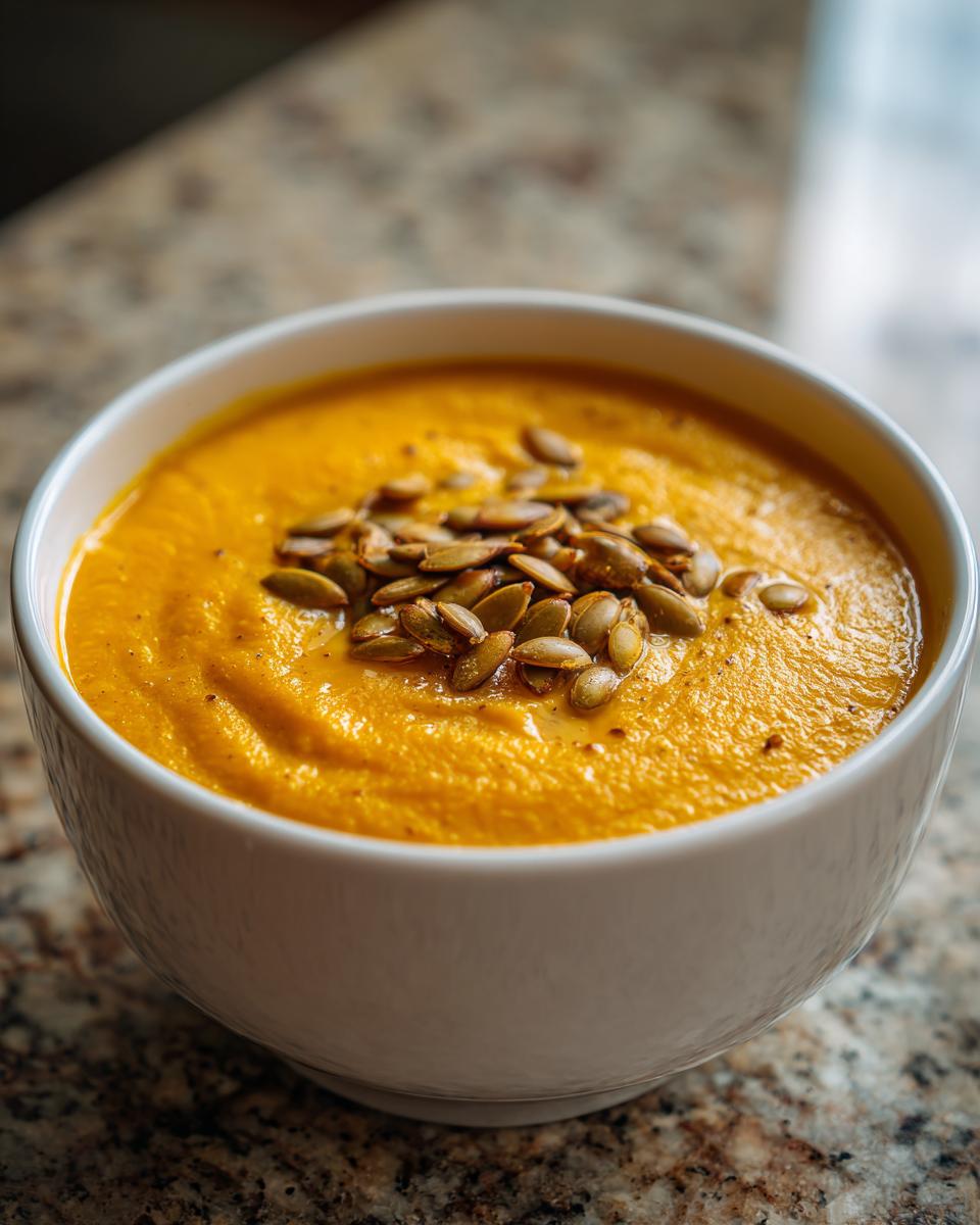 Close-up of a creamy, vibrant orange bowl of spicy pumpkin soup garnished with toasted pumpkin seeds.