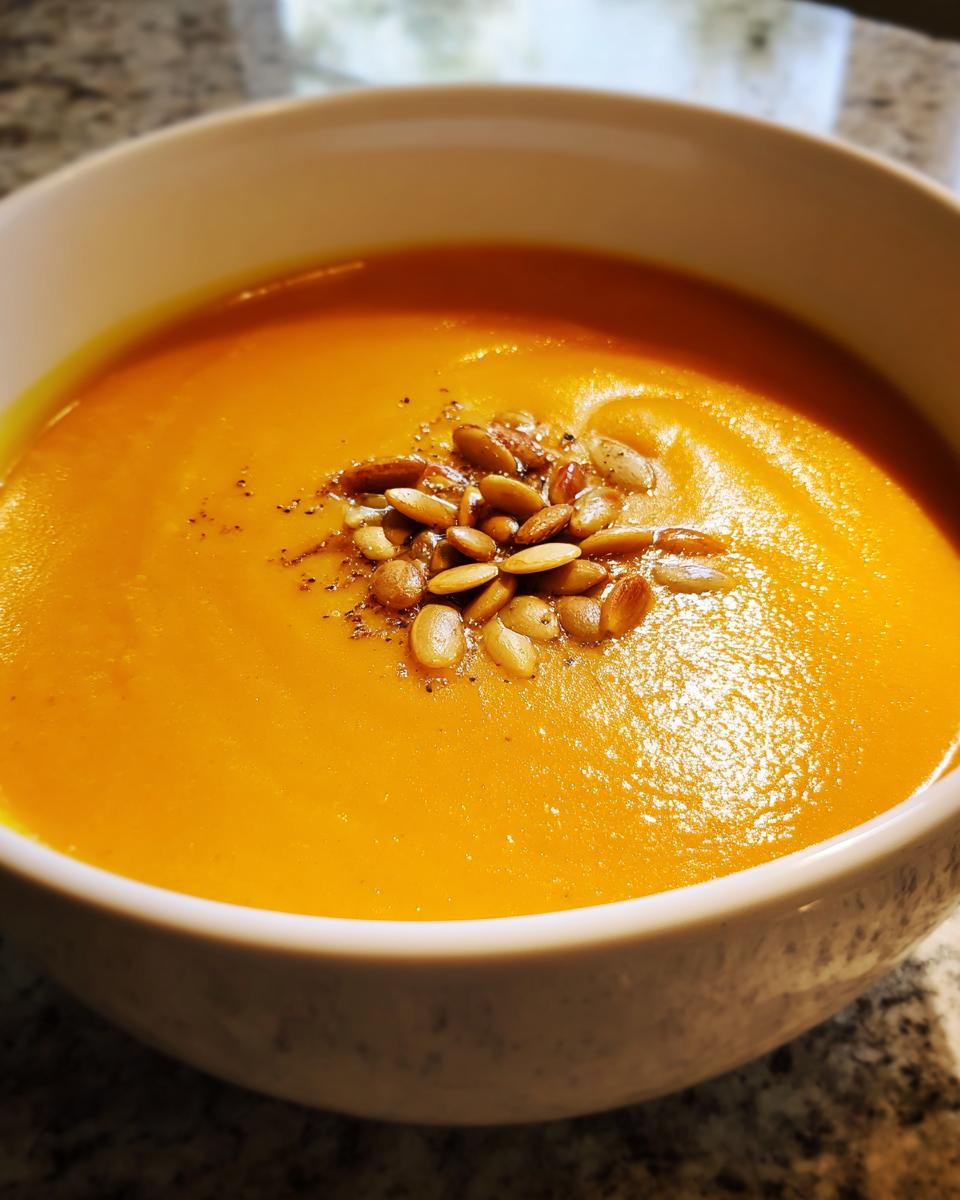 Close-up of a bowl of vibrant orange spicy pumpkin soup garnished with toasted pumpkin seeds.