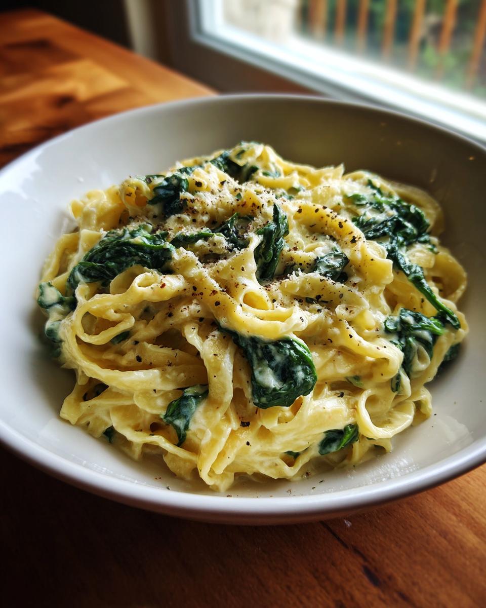 A close-up of a bowl of creamy spinach alfredo pasta, garnished with black pepper and grated cheese.
