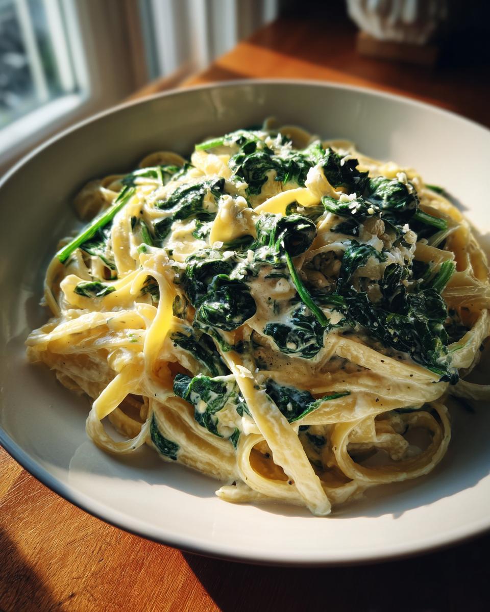 A close-up of a bowl of creamy spinach alfredo pasta, featuring fettuccine noodles coated in rich alfredo sauce with wilted spinach.