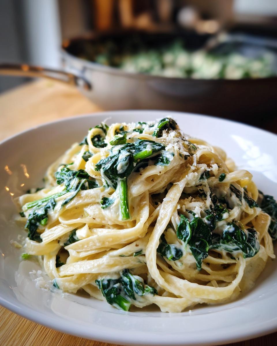 A close-up of a white bowl filled with fettuccine pasta coated in creamy alfredo sauce and fresh spinach, topped with grated Parmesan cheese. Spinach Alfredo Pasta.