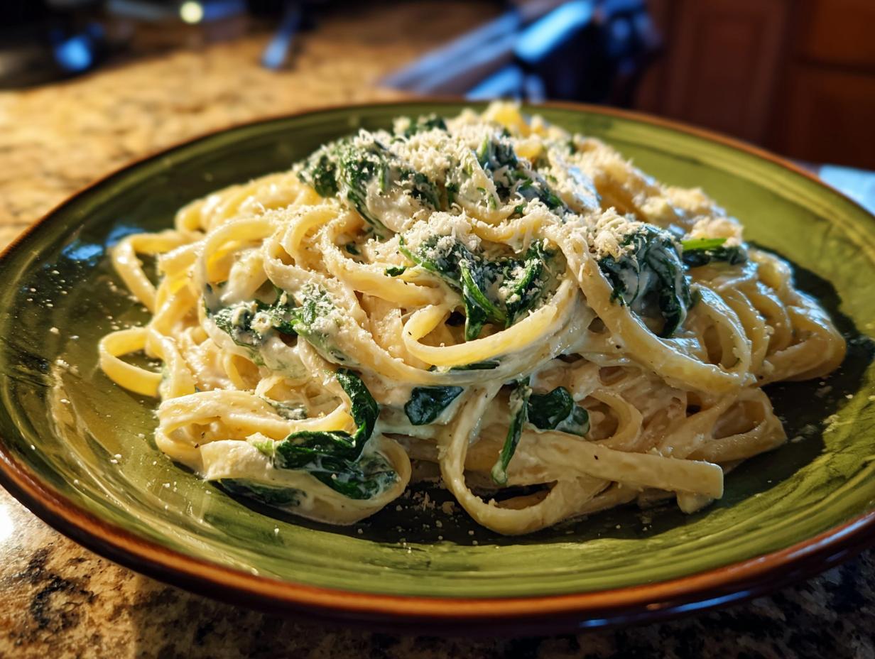 A close-up of a green plate filled with creamy spinach alfredo pasta, topped with grated cheese.