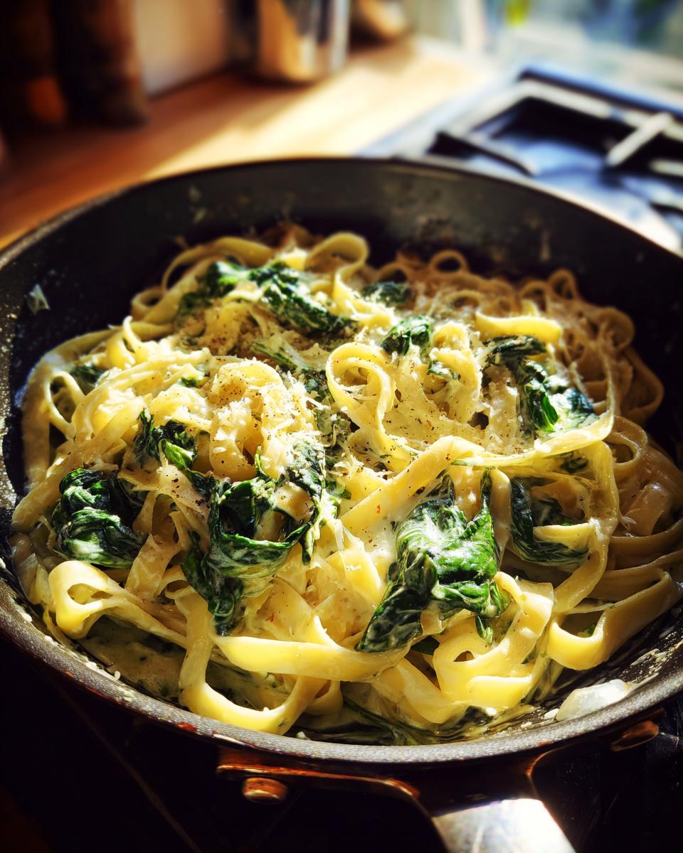 A close-up of creamy spinach alfredo pasta with fettuccine noodles and wilted spinach in a skillet.