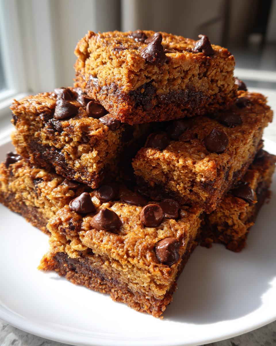 A stack of gooey, golden-brown blondies topped with melted chocolate chips, perfect for satisfying sweet snacks cravings.