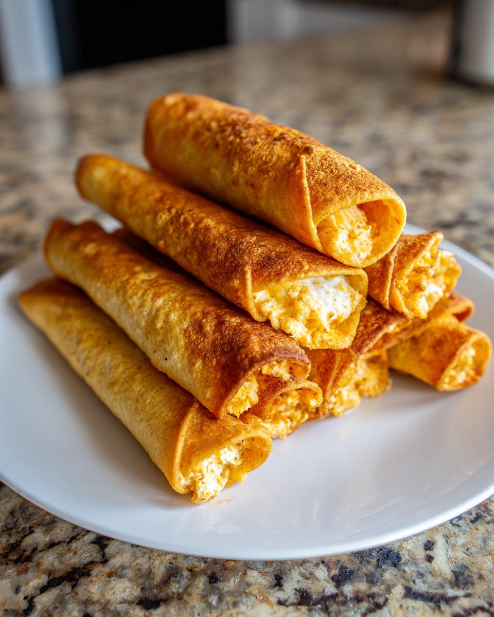 A stack of golden brown cream cheese chicken taquitos piled high on a white plate.