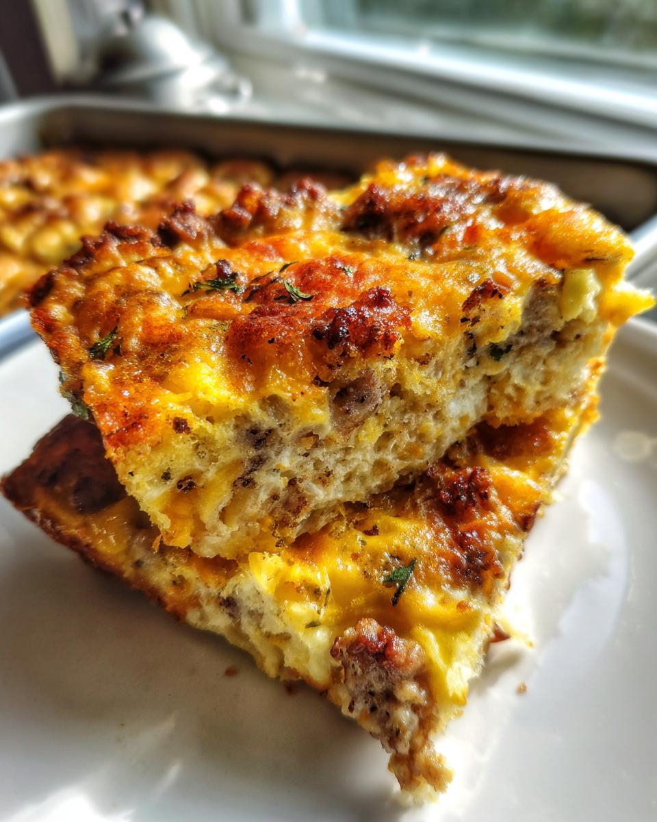 Two stacked slices of golden brown tater tot breakfast casserole featuring eggs and sausage, served on a white plate.