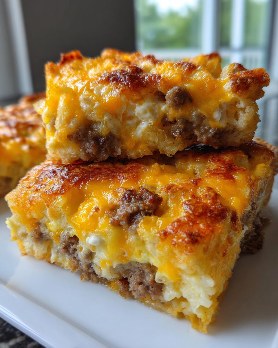 Two stacked squares of cheesy tater tot breakfast casserole showing sausage, egg, and melted cheddar topping.