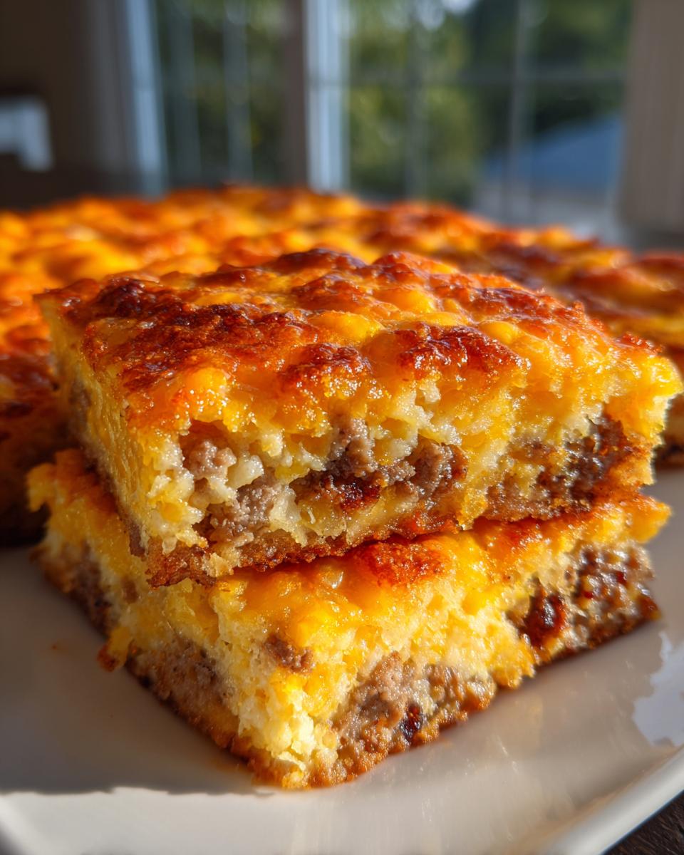 Two stacked squares of baked tater tot breakfast casserole with browned cheese topping and visible sausage layer.