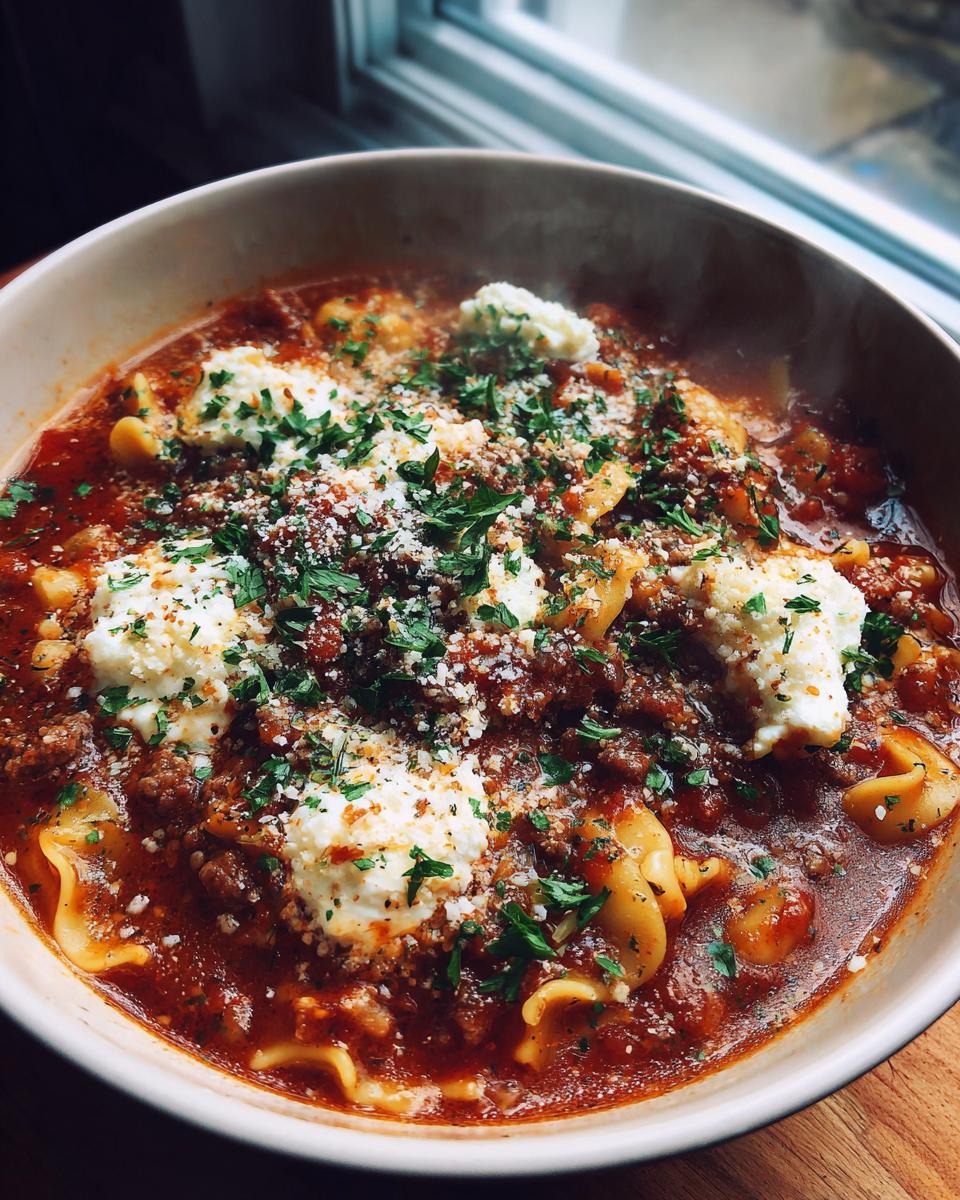 Close-up of a steaming bowl of lasagna soup, topped with dollops of ricotta cheese, grated parmesan, and fresh parsley.