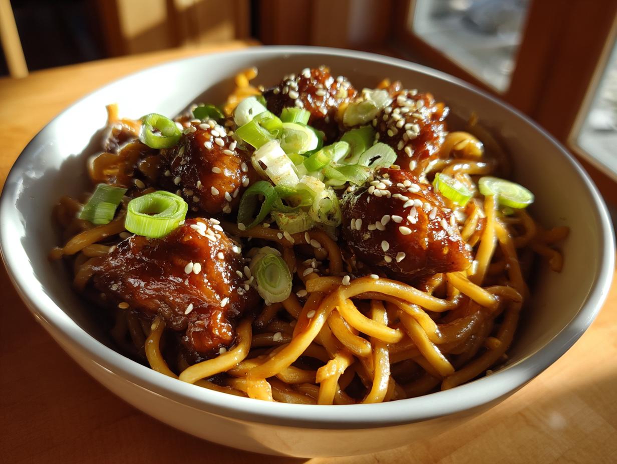 Close-up of a white bowl filled with sticky garlic chicken noodles, topped with glazed chicken pieces, sesame seeds, and green onions.