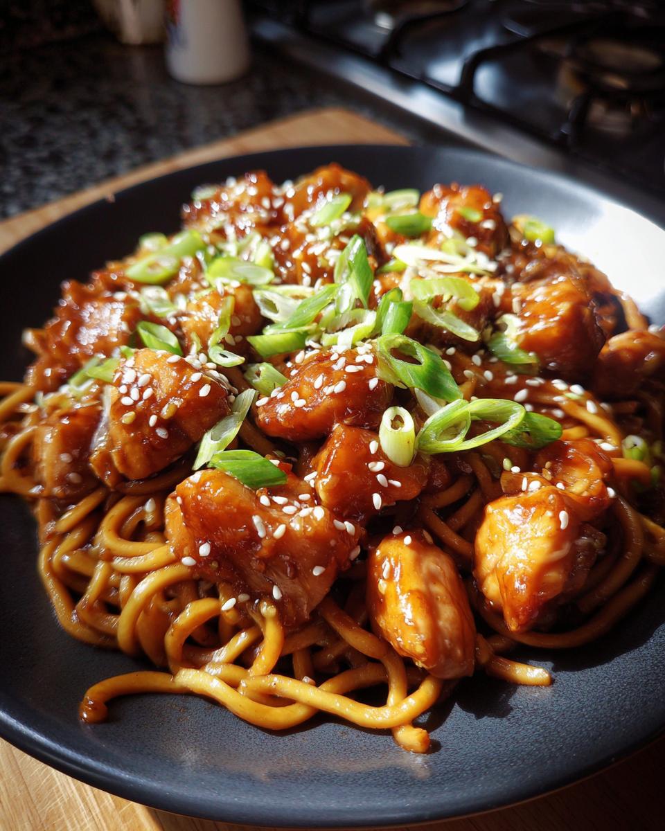 A close-up of sticky garlic chicken noodles topped with sesame seeds and sliced green onions on a dark plate.