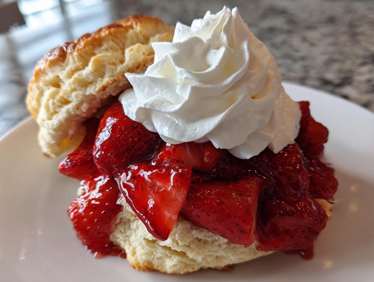 A close-up of a delicious strawberry shortcake featuring a split biscuit, macerated strawberries, and a dollop of whipped cream.
