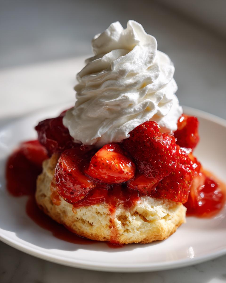 Close-up of a homemade strawberry shortcake biscuit topped with macerated strawberries and a swirl of whipped cream.