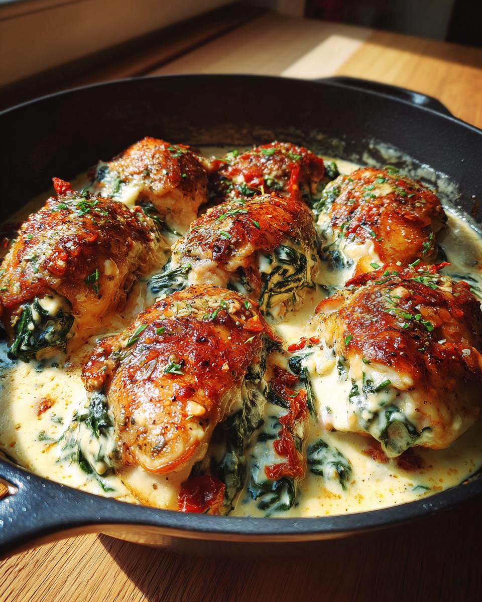 Close-up of Stuffed Tuscan Chicken pieces in a creamy sauce with spinach and sun-dried tomatoes.