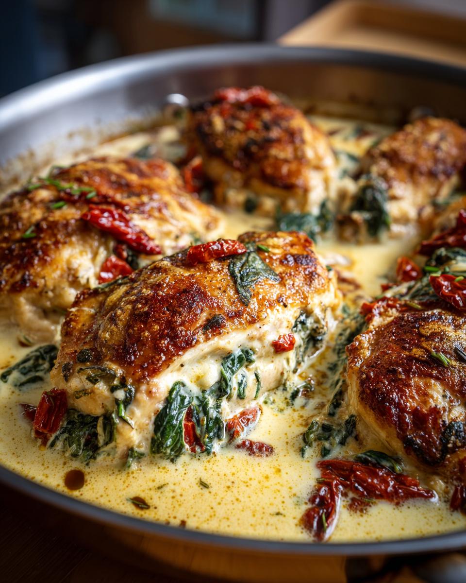 Close-up of golden-brown Stuffed Tuscan Chicken breasts nestled in a creamy sauce with spinach and sun-dried tomatoes.