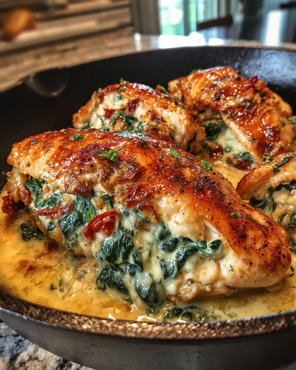 Close-up of golden-brown Stuffed Tuscan chicken breasts in a creamy sauce with spinach and sun-dried tomatoes.