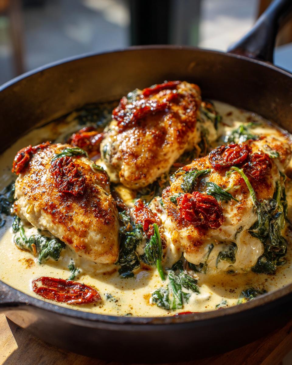Close-up of Stuffed Tuscan chicken breasts in a creamy sauce with spinach and sun-dried tomatoes in a cast-iron skillet.