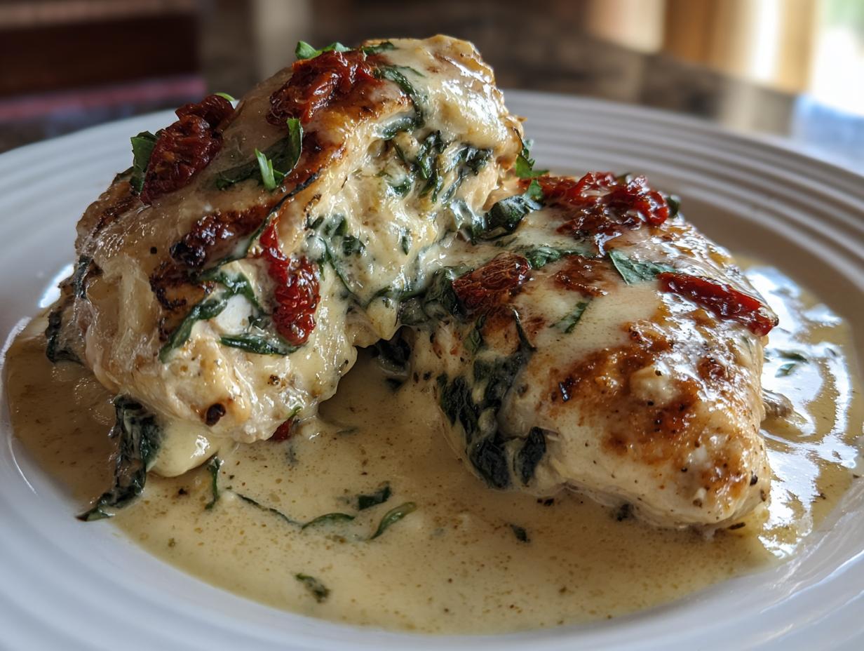 Two pieces of Stuffed Tuscan Chicken breast covered in a creamy sauce with spinach and sun-dried tomatoes.