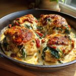 Close-up of Stuffed Tuscan chicken thighs in a creamy sauce with spinach and sun-dried tomatoes in a cast-iron skillet.
