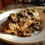 A close-up of juicy Texas Roadhouse Smothered Chicken topped with sautéed mushrooms and herbs on a white plate.