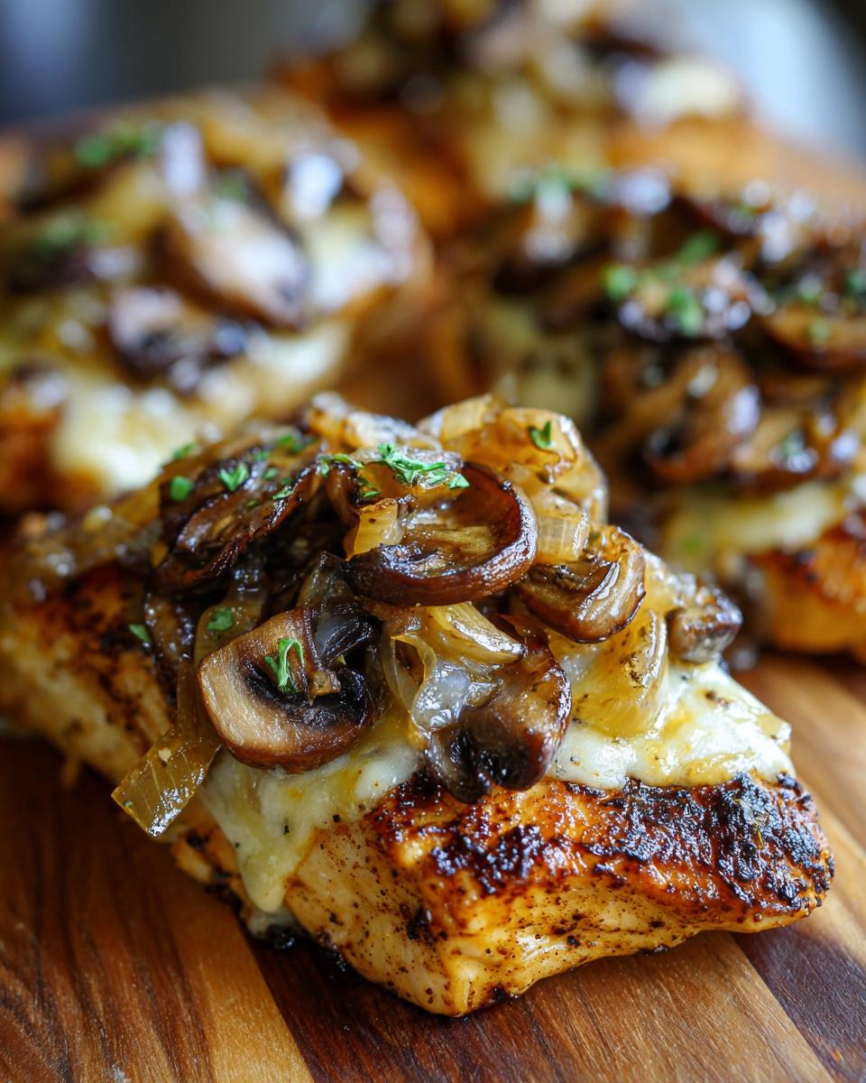 Close-up of a piece of Texas Roadhouse smothered chicken topped with melted cheese and sautéed mushrooms and onions.
