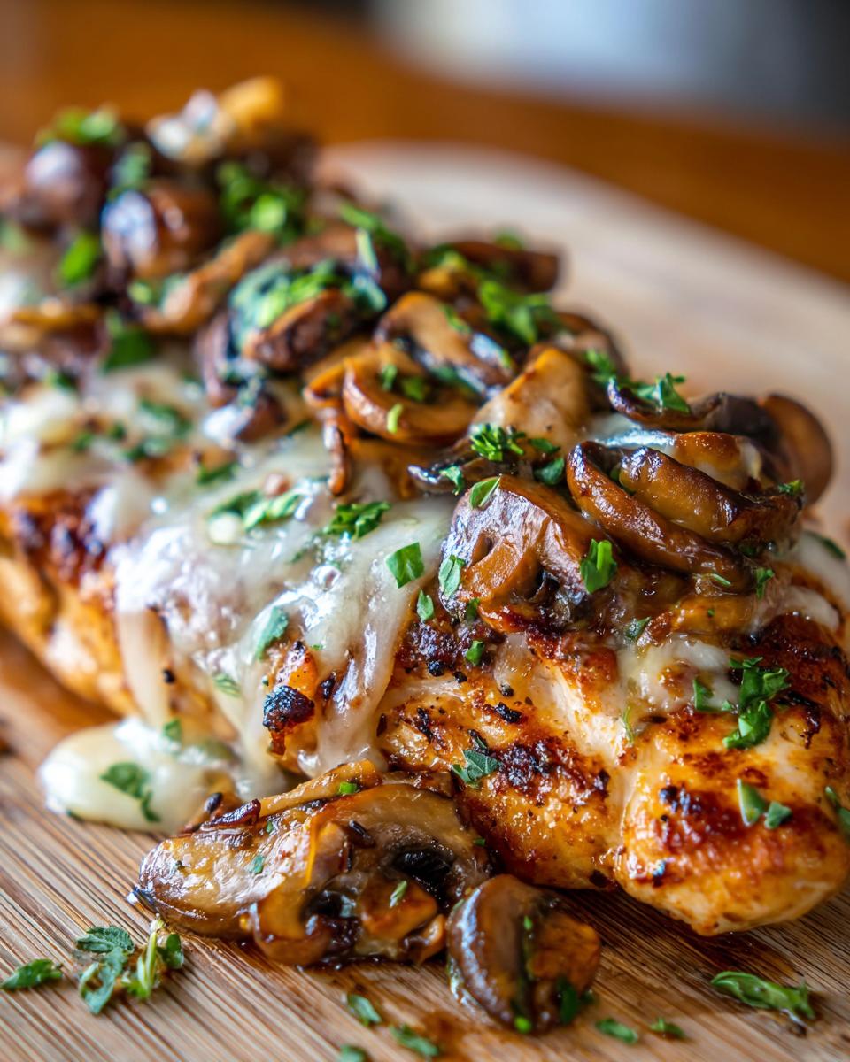 A close-up of juicy Texas Roadhouse Smothered Chicken topped with melted cheese and sautéed mushrooms, garnished with parsley.