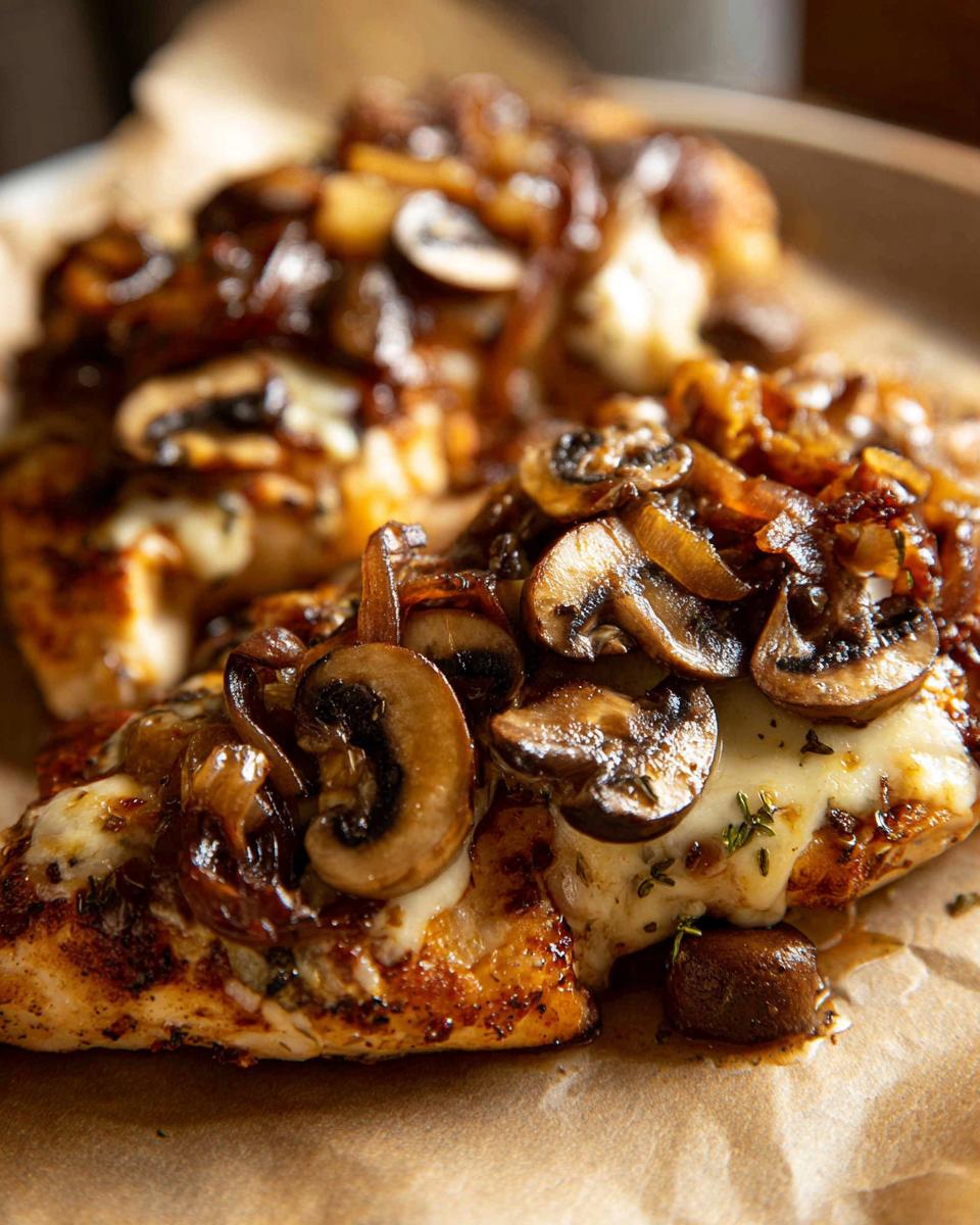 Close-up of juicy Texas Roadhouse Smothered Chicken topped with melted cheese, sautéed mushrooms, and onions.