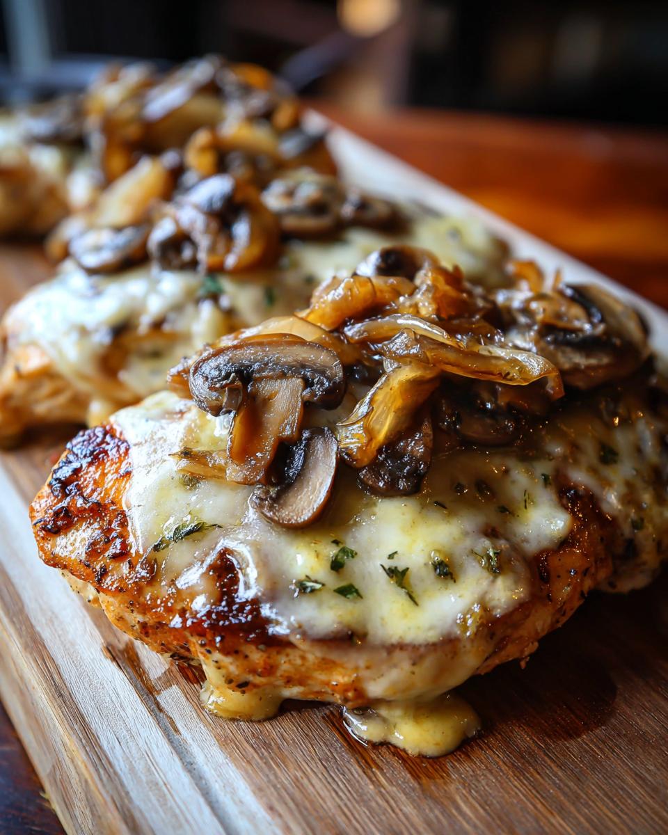 Close-up of juicy Texas Roadhouse Smothered Chicken topped with melted cheese and sautéed mushrooms.
