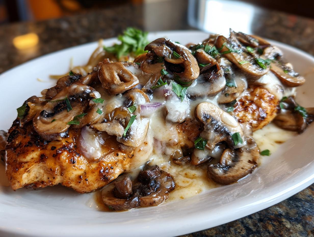 Close-up of juicy Texas Roadhouse Smothered Chicken topped with melted cheese and sautéed mushrooms.