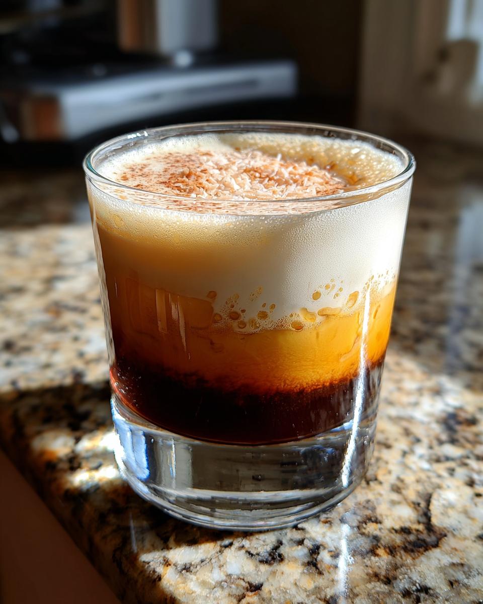 A layered Toasted Coconut White Russian cocktail in a glass, topped with foam and shredded coconut.