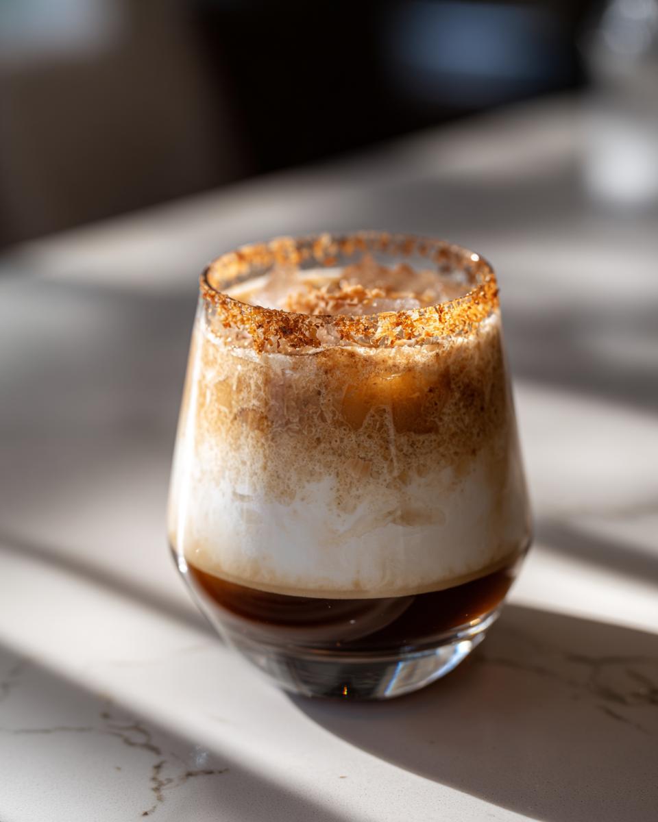 A close-up of a Toasted Coconut White Russian cocktail in a glass, rimmed with toasted coconut flakes.