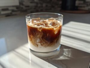 A refreshing Toasted Coconut White Russian cocktail with ice, showing swirls of cream and coffee.