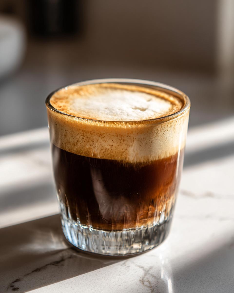 A close-up of a Toasted Coconut White Russian cocktail in a glass, showing layers of dark coffee and creamy foam.