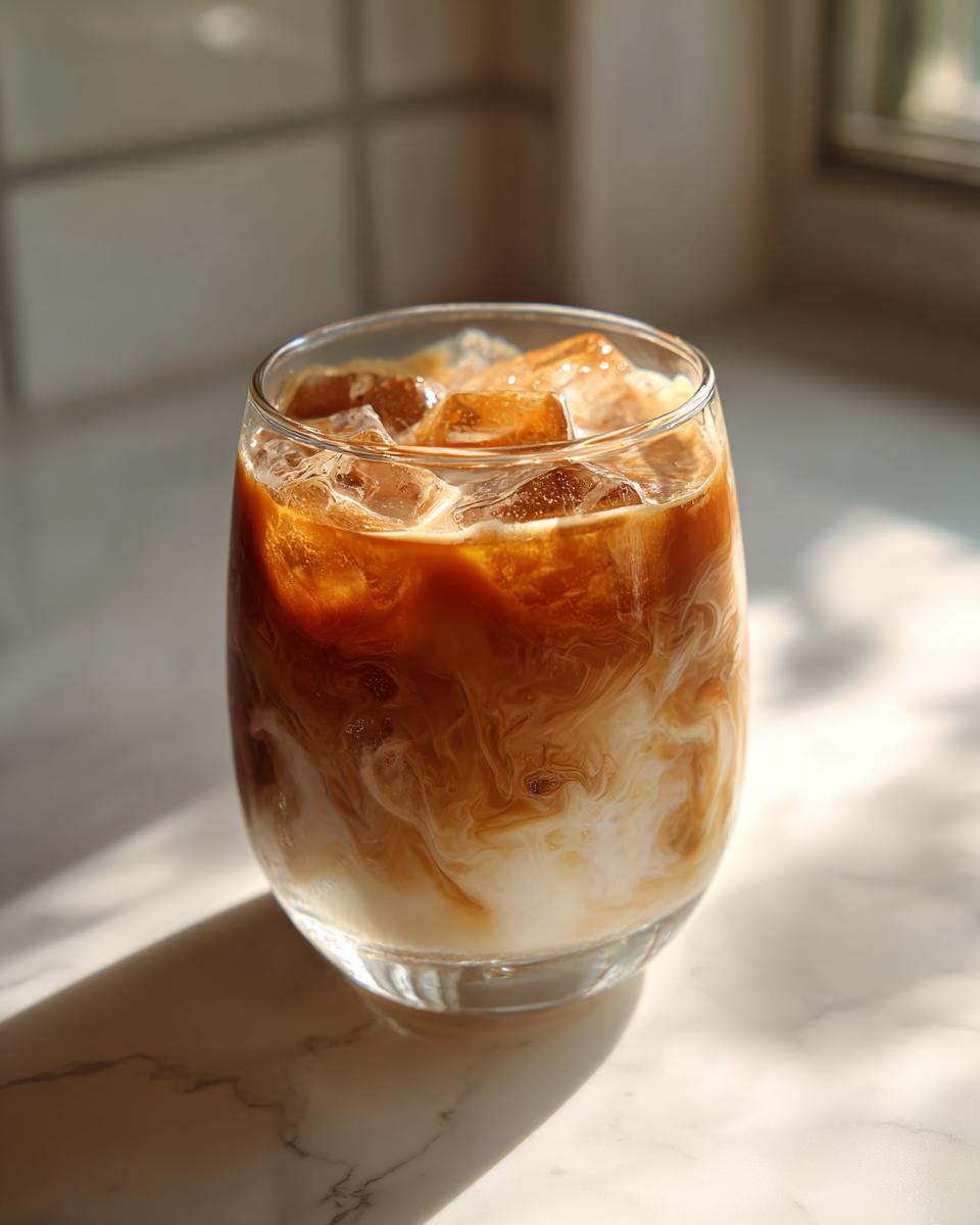 A close-up of a Toasted Coconut White Russian cocktail with ice, showing swirls of cream and coffee.