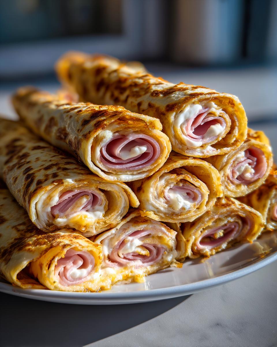 A stack of savory turkey and cheese roll ups made with thin egg crepes, showing ham and cream cheese spirals.