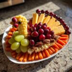 A creative Thanksgiving snack platter arranged in the shape of a turkey using corn, grapes, cheese, pecans, and carrots.