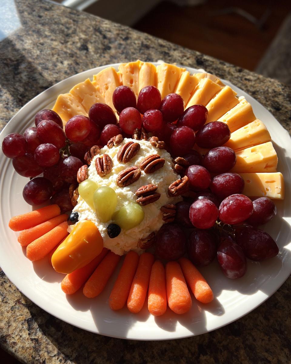 A creative Thanksgiving snack platter shaped like a turkey using cheese, grapes, carrots, and a cream cheese ball.