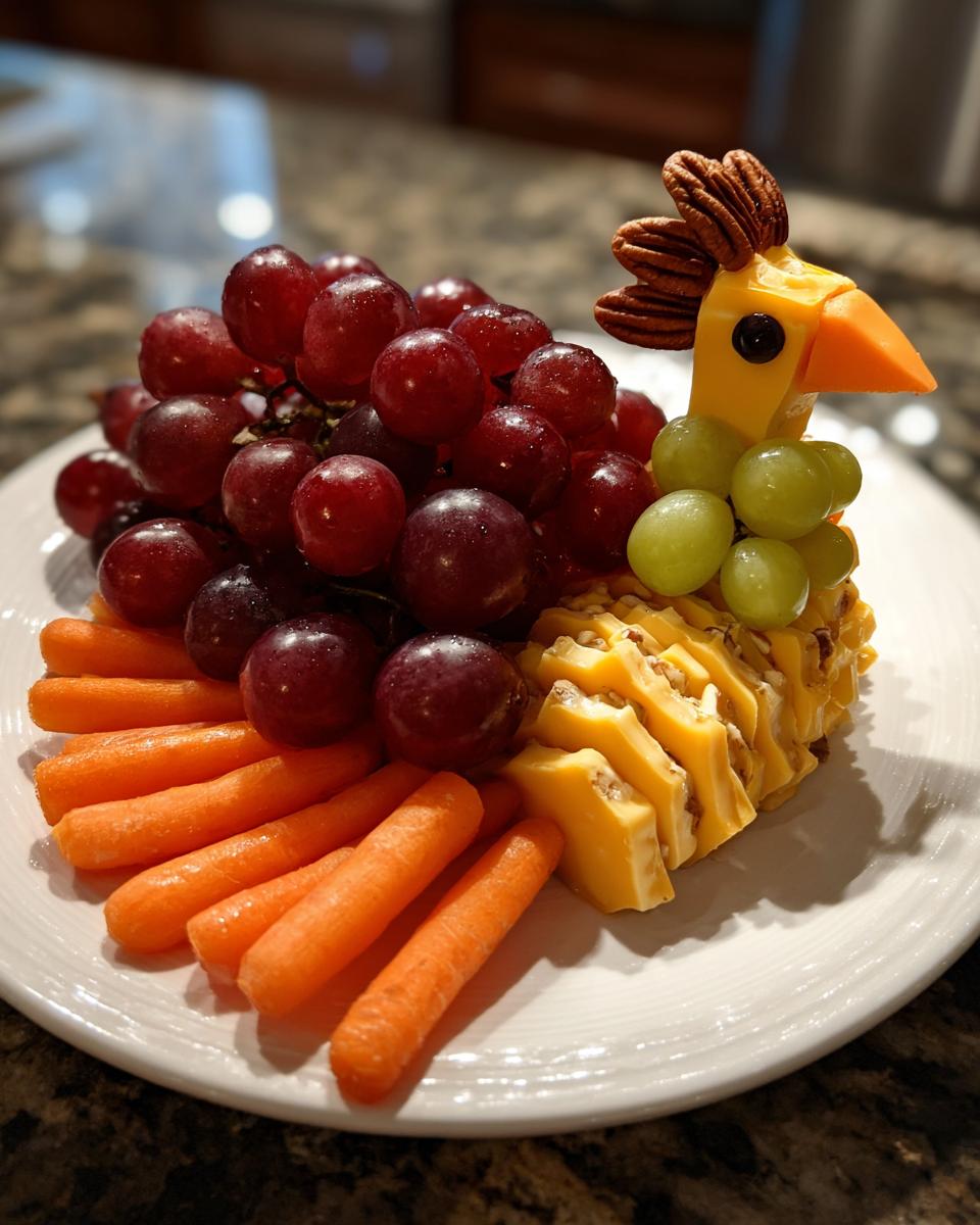 A creative Thanksgiving snack platter shaped like a turkey using red grapes for the body, carrots for the tail, and cheese for the head.
