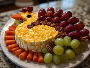 A turkey-shaped Thanksgiving snack platter featuring a cheese ball decorated with cheddar, surrounded by baby carrots, red and green grapes, and pecans.