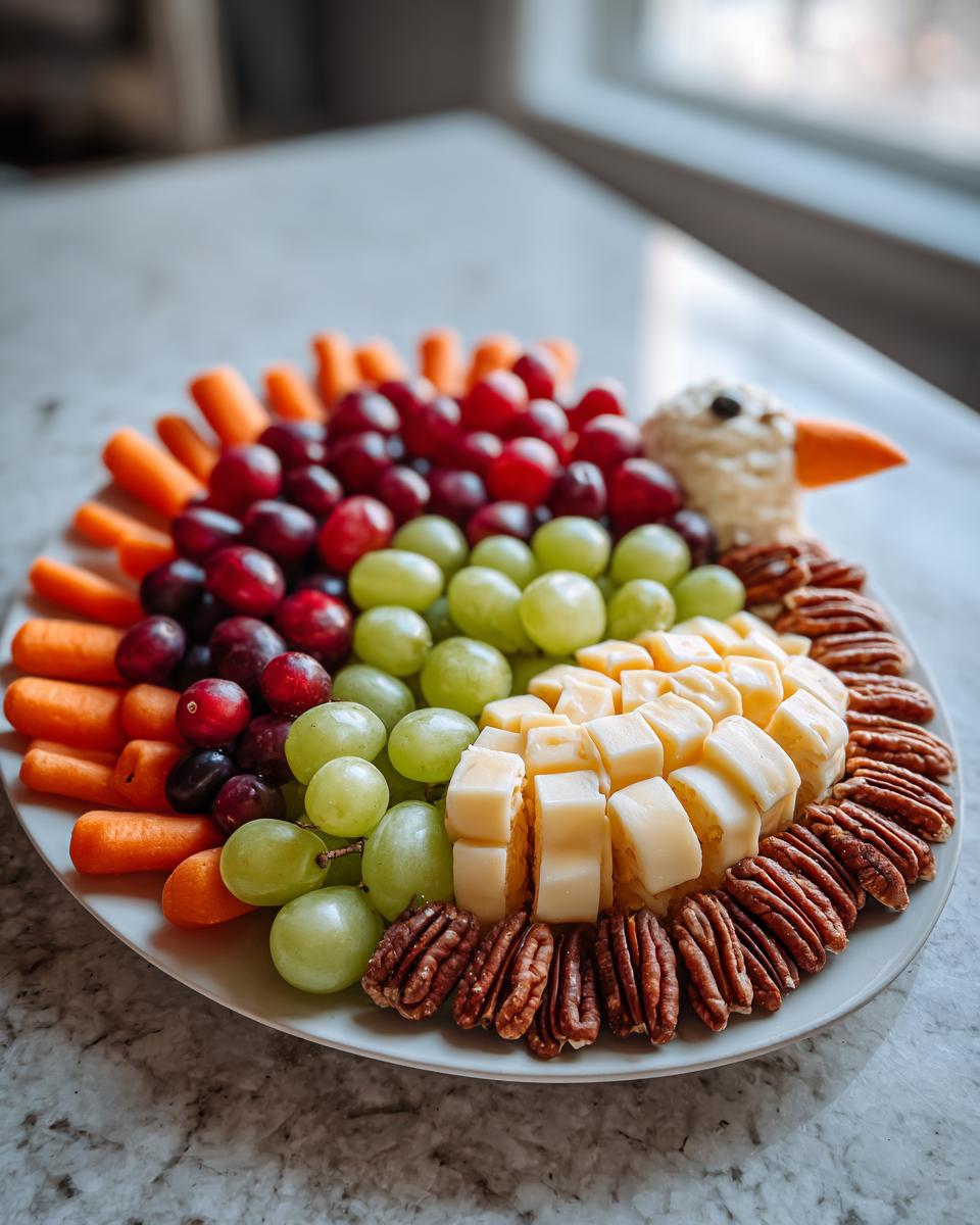 A turkey-shaped Thanksgiving snack platter featuring carrots, red and green grapes, cubed cheese, and pecans.