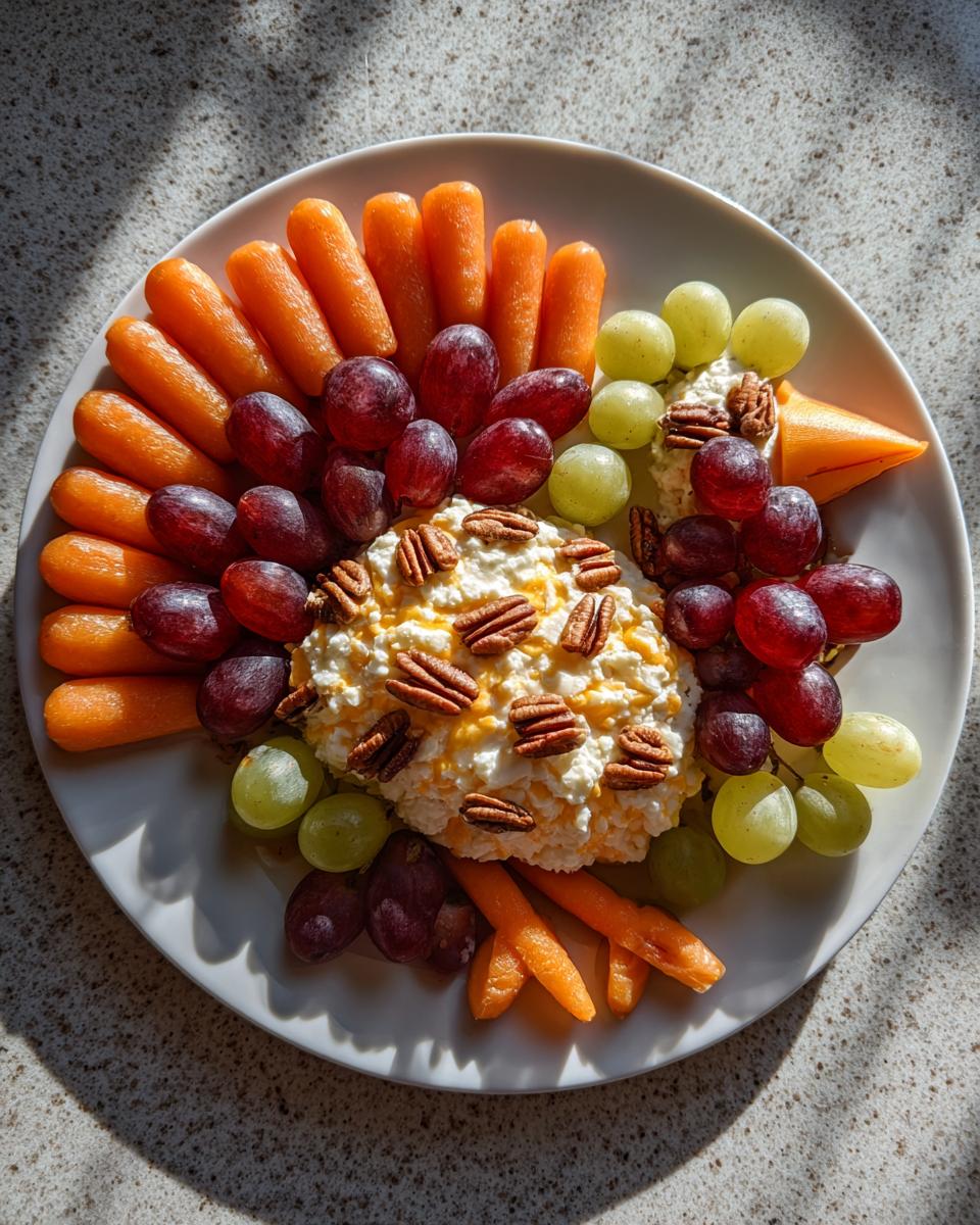 A turkey-shaped Thanksgiving snack platter featuring cottage cheese, baby carrots, red and green grapes, and pecans.