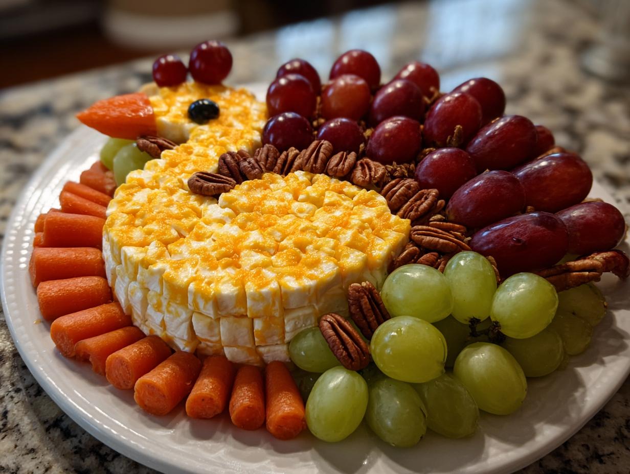 A turkey-shaped Thanksgiving snack platter featuring a cheese ball decorated with cheddar, surrounded by baby carrots, red and green grapes, and pecans.
