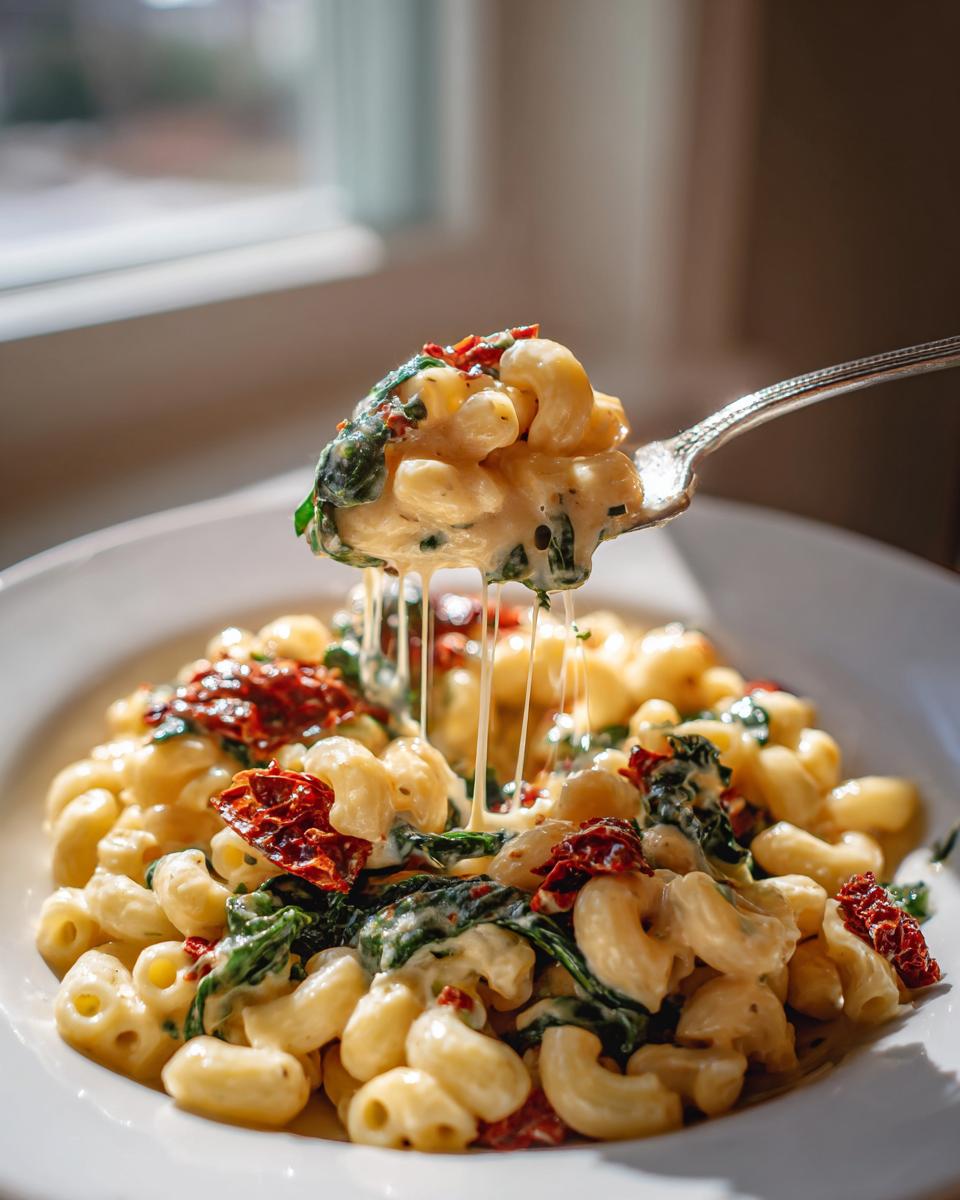 A fork lifting a bite of creamy Tuscan mac and cheese showing long cheese pulls over a white plate.