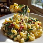 A spoonful of creamy Tuscan mac and cheese showing long cheese pulls, mixed with spinach and sun-dried tomatoes.